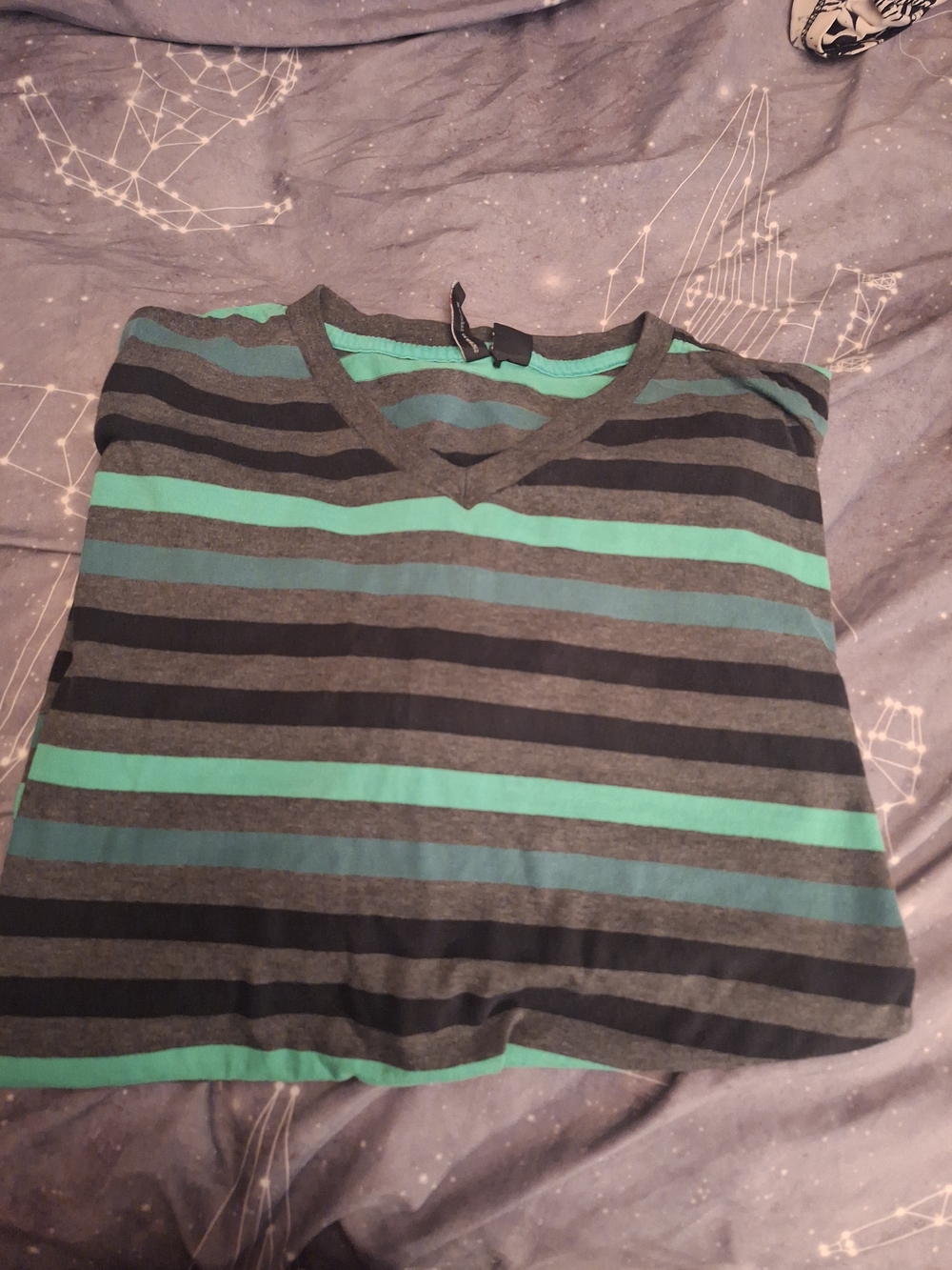 Men's Striped V-Neck Shirt in Teal and Gray
